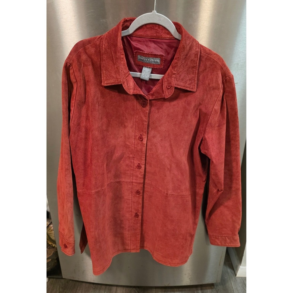 Jessica Holbrook Women L Shirt Jacket Red Leather Button Down Shacket AS5374